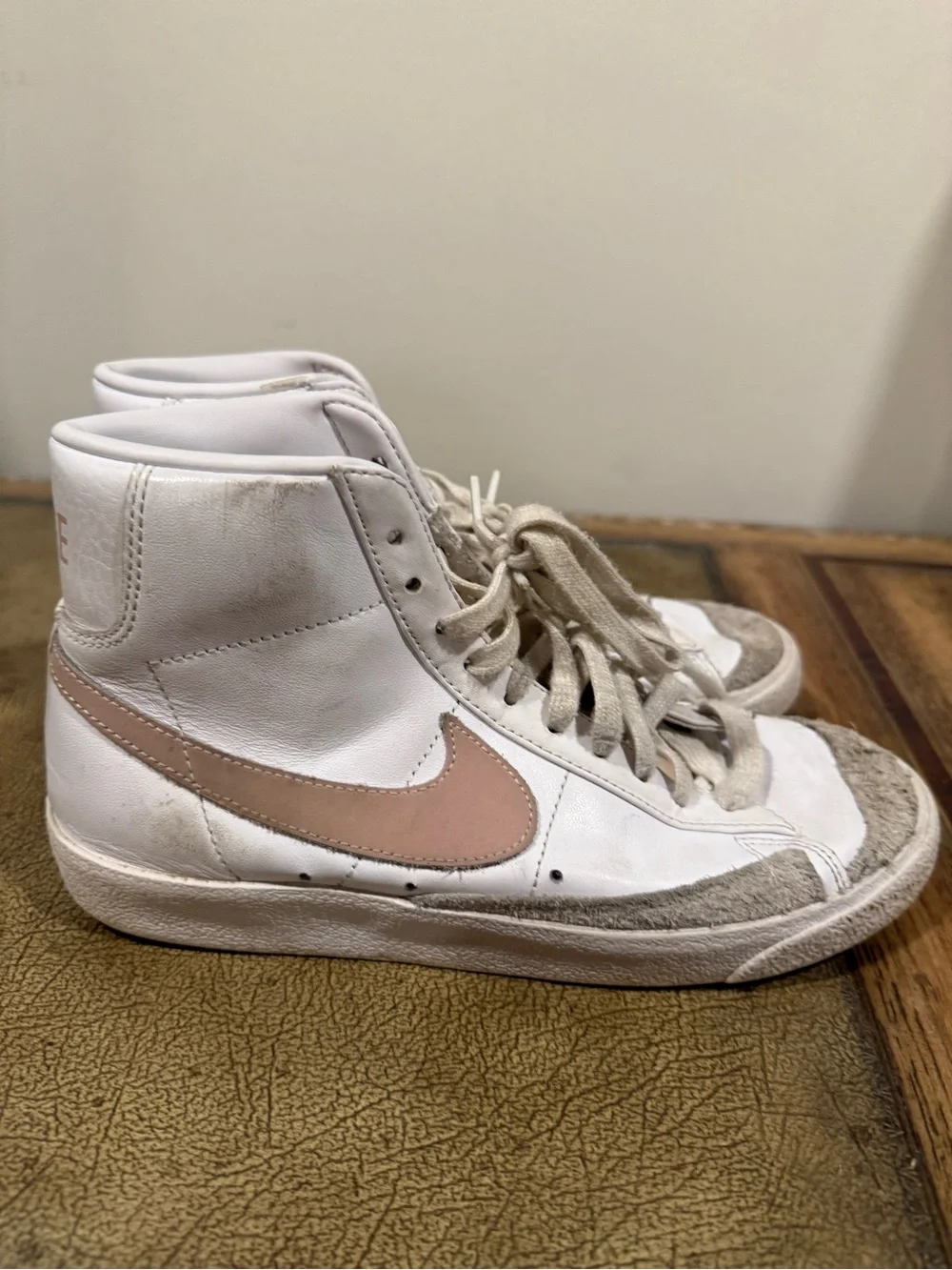Nike High-Top Sneakers in White with Blush Swoosh